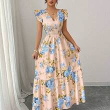 Vestido de vacaciones con cuello en V, manga corta y estampado floral romántico para mujer AG - Rosa - Ver 6