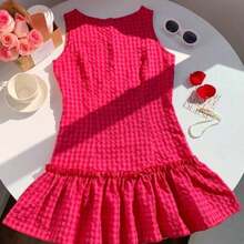 dagjydgfyja  Vestido casual y elegante con textura de crepé, volantes en el bajo y sin mangas, a cuadros, ideal para el Día de San Valentín - Multicolor - Ver 1