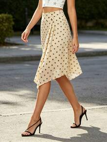 Womens Summer Midi Skirt A Line Stylish Dot Print Asymmetrical Hem Mid Rise Skirts - Yellow - View 3