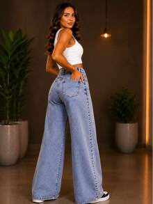 Women's Wide-Leg Jeans, Light Wash, On !!! - 淺色水洗藍 - 查看 3