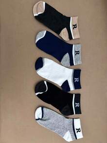 1/5 Pairs 7A Grade Antibacterial Deodorant Men's Sports Short Socks, Breathable Cotton Color Block Patchwork R Logo Non-Slip Daily Casual Sports Wear - Multicolor - View 5