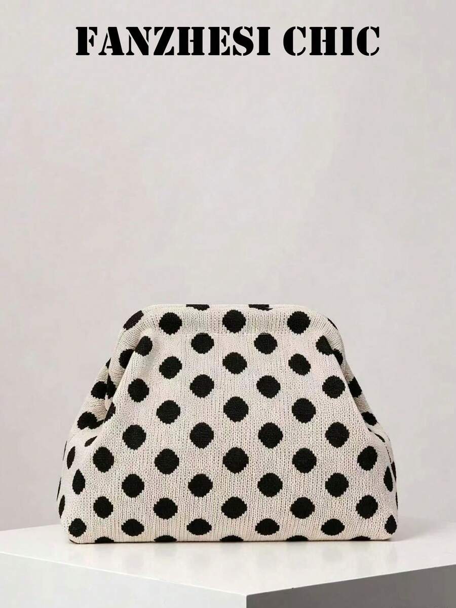 Knitted Polka Dot Clutch Bag, Black And White Cloud-Shaped, Lightweight Spring/Summer Style, Portable Design Suitable For Commuting, Dating And Shopping, Ideal For Students, Office Workers And Daily Outings - Beige - View 1