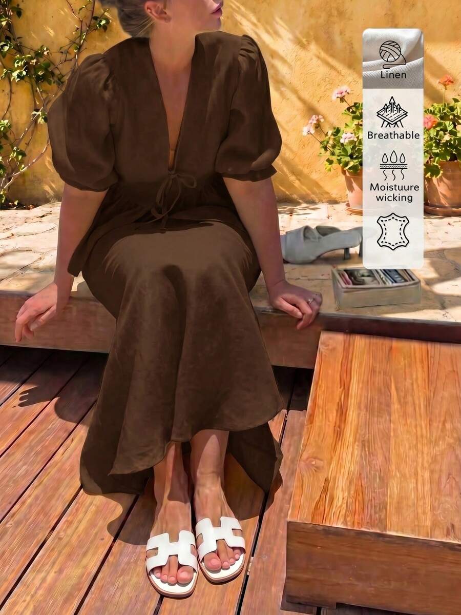 大尺碼亞麻休閒時尚優雅度假日常約會通勤兩件套,休閒裙,優雅女裝套裝棕色夏季 - 棕色 - 查看 1