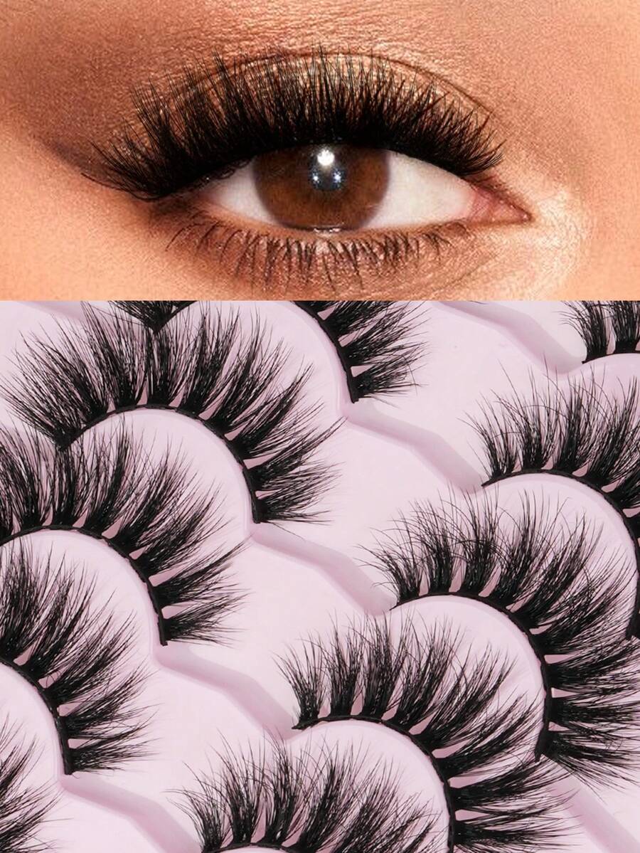 7 Pairs Cat Eye 3D Mink Fur False Eyelashes, Soft Delicate Natural Reusable, Thickened Lengthened Strip Lashes - Black - View 1