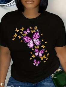 TrendyTalla Grande - Talla Grande - Camiseta negra de manga corta para mujer de talla grande con estampado de mariposas, perfecta para uso diario casual y estilo urbano, top holgado de verano.Everyday Wear - Negro - Ver 1