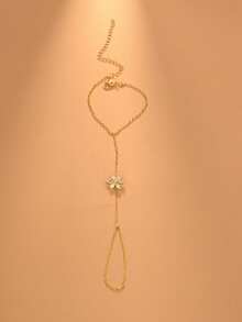 outingfit 1 pieza Pulsera con bucle para dedo con diseño floral, pulsera de alta gama con strass de moda europea y americana para mujeres - Dorado - Ver 2