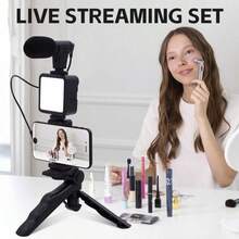 1 Set Kit de Grabación Vlog Trípode + Micrófono + Luz de Relleno LED, Set Todo en Uno para Transmisión en Vivo y Grabación de Video con Smartphone Palo Selfie - AY49 - Ver 5