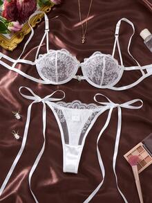 ROMWE Kawaii 2pcs/Set Women's Embroidered Lace Lingerie Set, Semi-Sheer Heart-Shaped Bra With Bow Panties, Comfortable Home Style Women's Two Pieces Set - White - View 1