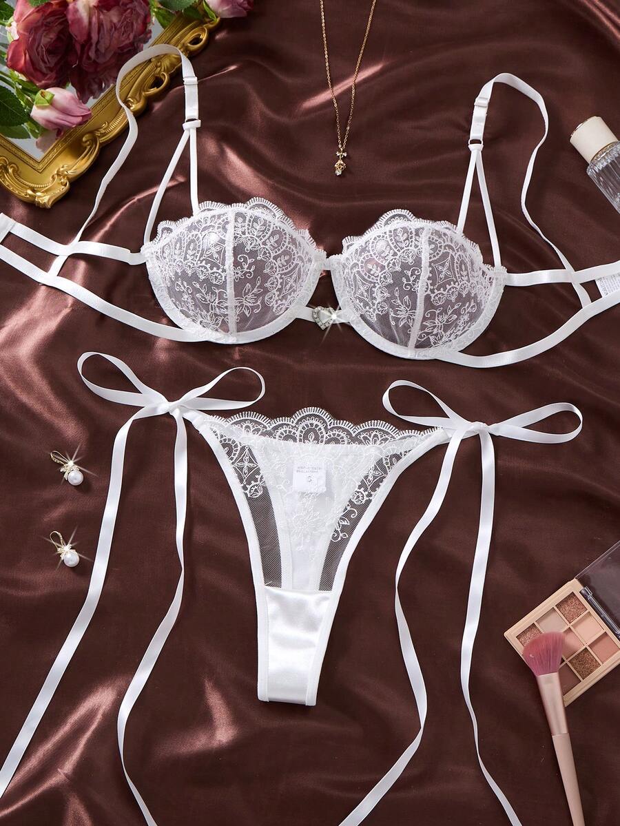 ROMWE Kawaii 2pcs/Set Women's Embroidered Lace Lingerie Set, Semi-Sheer Heart-Shaped Bra With Bow Panties, Comfortable Home Style Women's Two Pieces Set - White - View 1