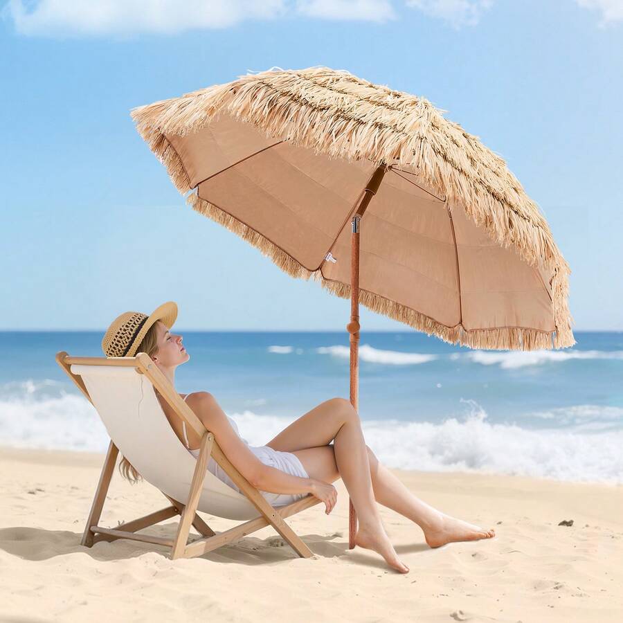 Tiki Umbrella, 6.5 Ft Thatched Patio Umbrella With Tilt, Hawaiian Style Beach Parasol With Durable PP Thatch And 8 Metal Ribs, Grass Pool Umbrellas For Beach, Patio, Poolside, Backyard & Garden - 6.5英尺 - 查看 1