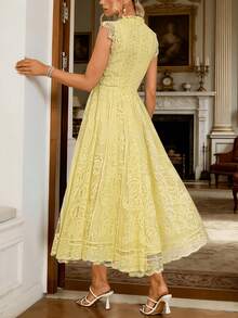 Women's Wedding Guest Dress, New And Elegant Fan-Shaped Lace Flared Dress, Retro Sleeveless Lace Dress, Suitable For Wedding Bridesmaid Dress, Evening Party, Casual Romantic Dates - Dark Blue - 查看 5