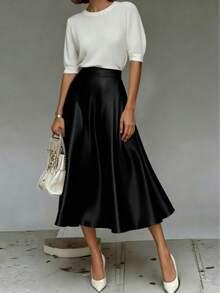 Rok Elegan, Desain A-Line Berpinggang Tinggi yang Lembut dan Mengalir, Modis untuk Musim Panas, Warna Hitam - Hitam - View 5