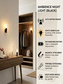 1pc Magnetic Motion Sensor LED Light, Type-C Rechargeable 3-Color Night Lamp, Wall Sconce For Bedroom, Closet, And Stairs - 8 LED Wall Lights - View 7