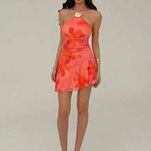 LunaCass8  Vestido mini con estampado floral y cuello halter con lazo, adecuado para vacaciones, citas y salidas - Rosa Pálido - Ver 5