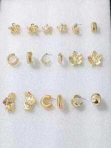 6/18pcs Fashion Elegant Gold Earrings Set, Five-Petal Flower, Symmetrical Flower, Textured Hoop, C-Shape, Star And Floral Patterns, Hypoallergenic CCB Material, Suitable For Gifts, Versatile For Daily Wear, Metallic Style Jewelry - Gold - View 5