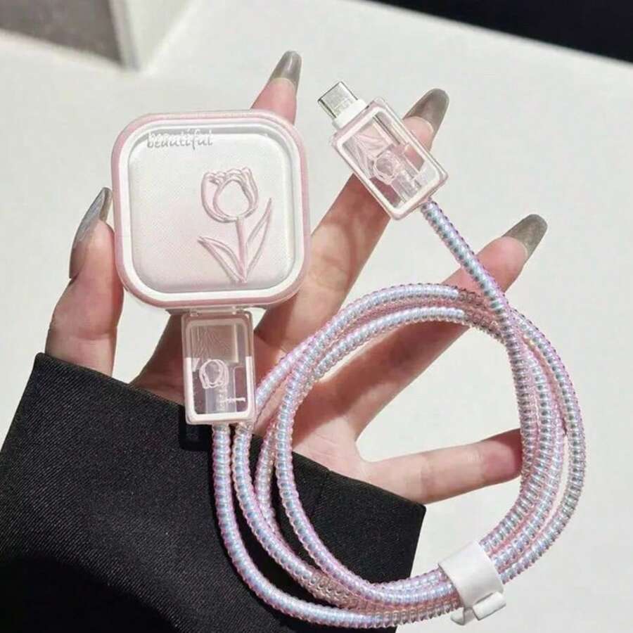 Tulip Design Charger And Cable Protective Set, 40W Apple Charging Cable Protector Case, Anti-Breakage Cable Organizer, Compatible With IPhone 17/16/15/13/14 Chargers - Pink - View 1