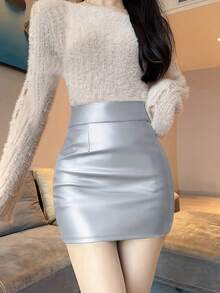Small Brown PU Short Skirt, High-Waisted, Fitted, Hugging The Buttocks, Simple Fashion - 銀灰 - 查看 4