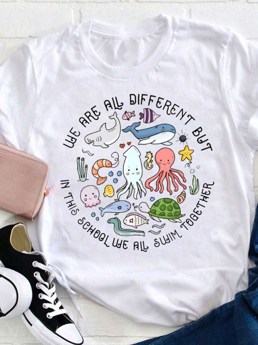 Women's Marine Life Teacher T-Shirt - Octopus, Shark, And Crab "Let's Swim Together" Design - Lightweight, Casual Everyday Top For Swim Teams And Aquarium Visitors - Short-Sleeve - 白色 - 查看 1