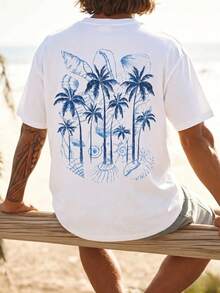 1pc White Soft Men's Short Sleeve T-Shirt, Men's Short Sleeve, Men's T-Shirt, Men's Printed T-Shirt, Print, Skin-Friendly, Coconut Tree Print Short Sleeve, Vacation Style, Machine Washable, Suitable For Beach Vacation, Summer, Hawaii, Beach Play, Swimming Pool - White - View 7