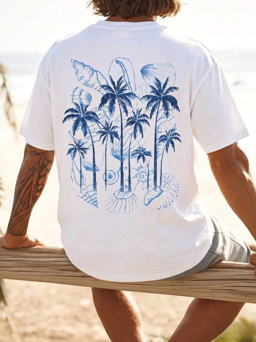 1pc White Soft Men's Short Sleeve T-Shirt, Men's Short Sleeve, Men's T-Shirt, Men's Printed T-Shirt, Print, Skin-Friendly, Coconut Tree Print Short Sleeve, Vacation Style, Machine Washable, Suitable For Beach Vacation, Summer, Hawaii, Beach Play, Swimming Pool - White - View 1