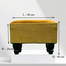Rectangular Linen Ottoman Footstool With Wooden Legs For Home Use - 黃色 - 查看 3