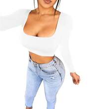 Top corto de primavera y verano para Mujer, camisa Sexy negra de manga larga, camiseta informal con cuello cuadrado blanco, Top para Mujer - BLANCO - Ver 2