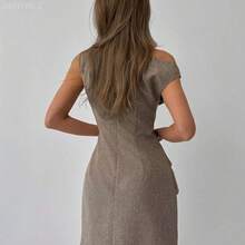 Soqi Women's Clothing  Vestido mini elegante de mujer con cuello oblicuo, cintura ceñida y plisado en unicolor para uso diario - Caqui - Ver 4