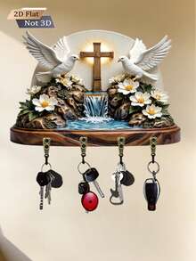 1pc Cross, Dove, And Lily Shaped Key Hook, Wall-Mounted Storage Rack, Wooden Multi-Functional Home Key Holder, 2D Flat Design, With 4 Metal Hooks, Wall Decor, Entryway Decor, Room Decor, Villa Decor, All-Season Home Decor - B - View 7