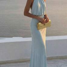 dahkjdgajy  Vestido elegante y digno de invitada de boda con elástico, vestido largo fruncido de cuello halter con tela brillante - Azul - Ver 3