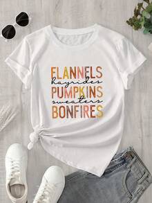Camiseta de manga corta con cuello redondo para mujer, con estampado de llamas, calabazas y fogatas, apta para todas las estaciones. - Blanco - Ver 1