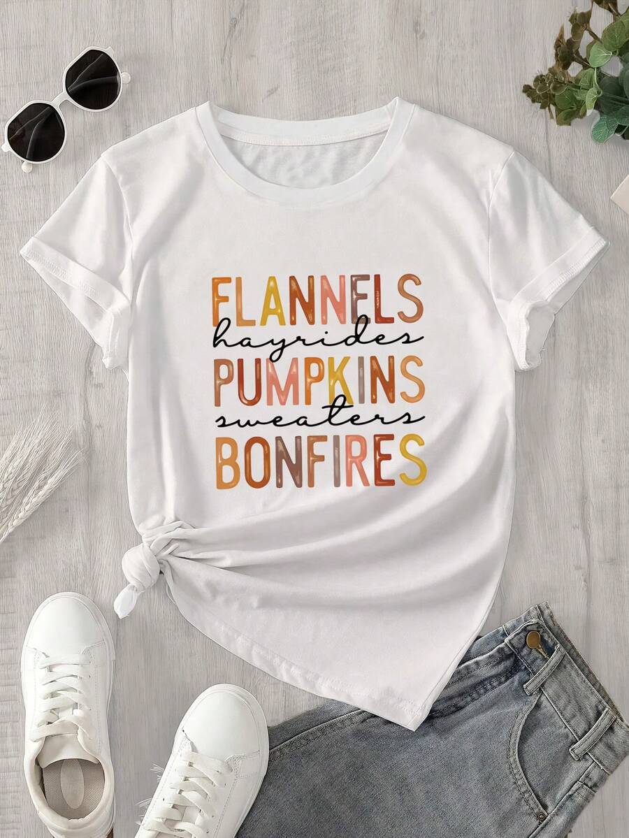 Camiseta de manga corta con cuello redondo para mujer, con estampado de llamas, calabazas y fogatas, apta para todas las estaciones. - Blanco - Ver 1