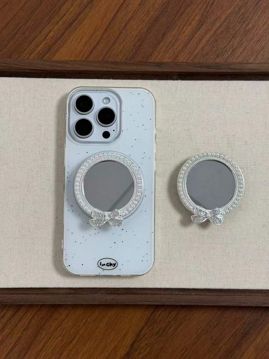 Mirror Rhinestone Pearl Bowknot Adhesive & Magnetic Phone Stand, Stable Desktop Telescopic Phone Holder, Pop-Out Socket Phone Grip, Phone Accessories, Phone Decoration, Phone Essentials, Push-Pull Phone Stand, Phone Grip, Small Gift For Lovers, Relatives, Friends - Multicolor - View 1