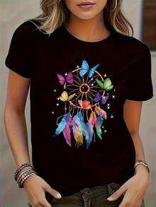 New Round Neck T-Shirt With Creative Print - Black - View 1