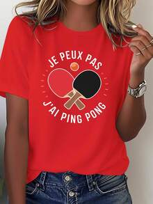 Comfortable Solid Color T-Shirt For Women, 100% Cotton, With French Table Tennis Racket Design. - Red - View 1