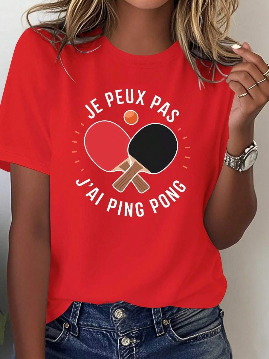 Comfortable Solid Color T-Shirt For Women, 100% Cotton, With French Table Tennis Racket Design. - Red - View 1