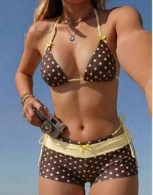 Polka Dot Bikini Set With Boy Short Bottom, Gift Ready   Swimwear, Halter Neck & Contrast Trim, Casual & Versatile, Perfect For Holiday Swimwear Shopping Or Year-Round Vacation Use, New Arrival - 黃色 - 查看 9