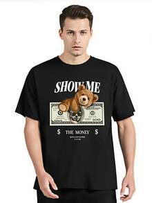 Camiseta con estampado de oso, camiseta gráfica de moda fitness de algodón, ropa para hombre, camiseta oversize unisex, camiseta divertida de estilo callejero - Negro - Ver 1
