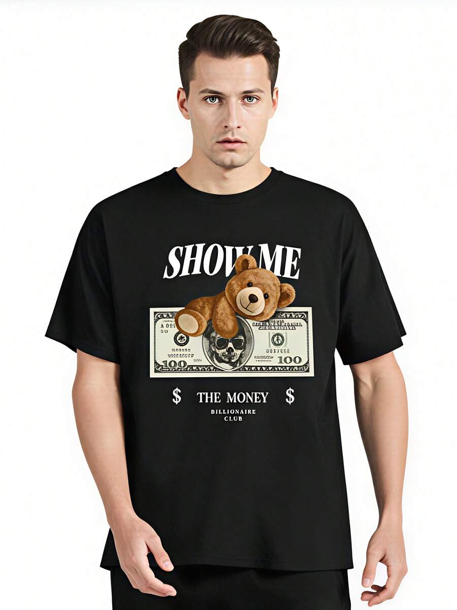 Camiseta con estampado de oso, camiseta gráfica de moda fitness de algodón, ropa para hombre, camiseta oversize unisex, camiseta divertida de estilo callejero - Negro - Ver 1