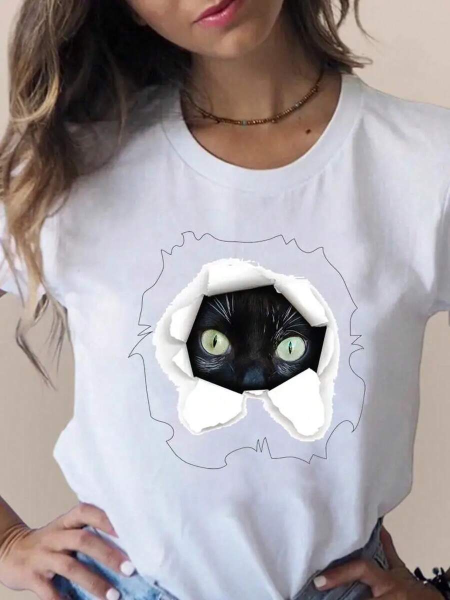 Camiseta estampada de moda 3D con diseño de gato, encantadora y a la moda, ropa linda para mujer, camisetas de manga corta de verano, camisetas gráficas para damas -llilys-llilys LSNR - Blanco - Ver 1