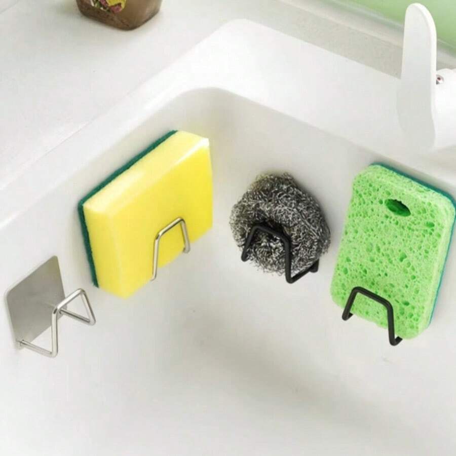 pdva 1/3/4/5pcs Stainless Steel Self-Adhesive Sink Sponge Holder, No Drilling Waterproof Rust-Proof Drainage Rack, Wall-Mounted Steel Wool Storage Hook, Space-Saving Kitchen Sink Organizer, Multi-Functional Kitchen And Bathroom Cleaning Tool Storage Rack, Home Storage Accessories