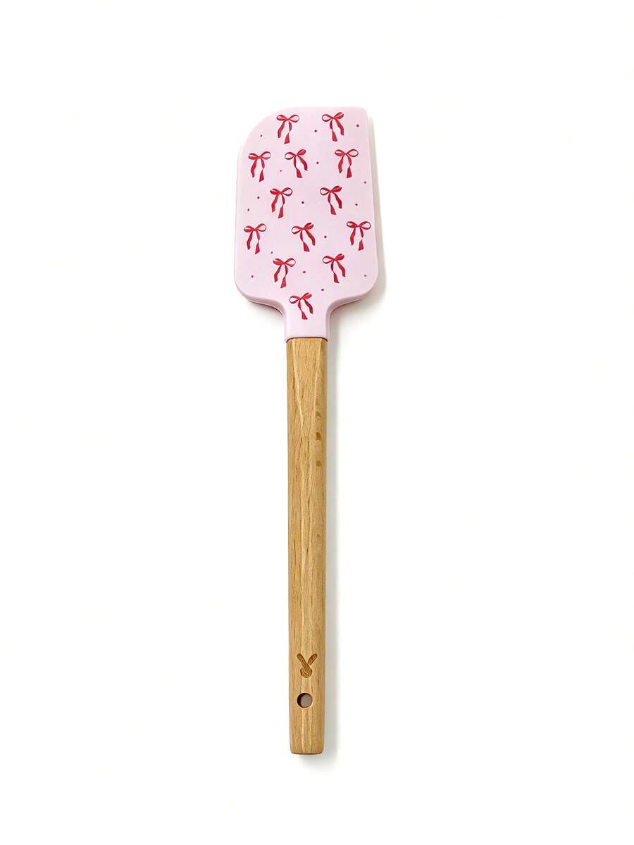 Meoky Heat-Resistant Silicone Spatula With Wooden Handle, Double-Sided Pink Bow Print, Suitable For Cake Decorating, Mixing, Baking And Frosting, Ideal Gift For Baking Enthusiasts And Dessert Lovers, Perfect For Baking And Daily Cooking