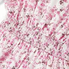 yonghongmaoyi1  Vestido elegante de longitud media con cuello redondo, manga corta, estampado floral y cinturón para mujer - Azul y blanco - Ver 10