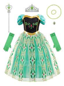 8pcs Girls Green Short Sleeve Floral Pattern Dress Crown Accessory Set, Children's Role Play Dress Set, Girls Party Halloween Christmas Carnival Costume Set - Green - View 12