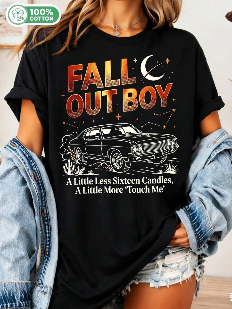 Fall Out Boy Retro T-Shirt, Fob Band T-Shirt, Rock Music Merchandise, Sixteen Candles Touch Me Song, Unisex Graphic T-Shirt - 黑色 - 查看 1