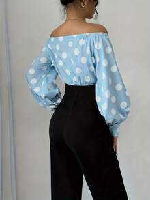 Elegant Women's Off-Shoulder Blouse With Polka Dots And Front Bow - Puff Sleeves, Round Neck, White, Machine Washable, Ideal For Casual Or Semi-Formal Wear In All Seasons - 藍天 - 查看 2