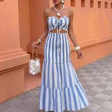 Vestido de tirantes finos con lazo en la cintura, estilo elegante y sexy con rayas, versátil para fechas, salidas, vacaciones, días festivos, vuelta al cole, atuendo de maestro, bodas, fiestas, festivales de música, Oktoberfest, Halloween, Acción de Gracias. Nuevos modelos de verano 2025. . - Azul y blanco - Ver 6