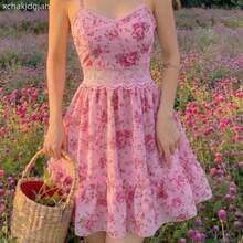 MOD Vestido mini elegante de verano con tirantes finos, encaje, parches y pliegues con estampado floral diminuto AG - Rosa - Ver 1