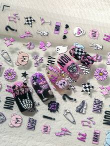 1pc Sweet Punk Style 6D 3D Embossed Nail Stickers, Pink & Black Color Scheme With Skull, Bear, Lightning, Skeleton Hand & Fun Text, Subculture Vibe, Suitable For Streetwear, Y2K Look, Sweet Punk Nails, Party Occasions, Ideal For Subculture Enthusiasts, Students, Nail DIY Beginners, Personalized Girls - Multicolor - View 6