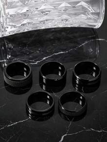 5pcs Fashion Minimalist Stainless Steel Men's Black Ring Set With Matte & Mesh Elements, Suitable For Men's Daily Wear And Holiday Accessories - Black - View 4