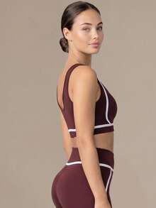 Women's Colorblock Trim High-Support Fitness Training Sports Bra, Push-Up Open Back Yoga Bra - Red Violet - View 9